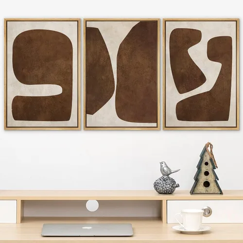 Miniatura 2 de SIGNLEADER Lienzo enmarcado para pared, juego de arte de collage de polígonos retro marrón tostado, ilustraciones con formas abstractas, arte