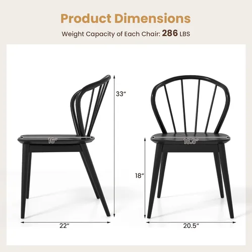 Miniatura 3 de Giantex Juego de 2 sillas de comedor de madera, sillas de cocina Windsor negras con respaldo alto de husillo y patas de madera de goma, asiento