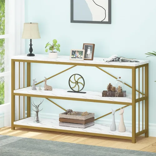 Miniatura 3 de LVB Mesa consola blanca de 3 niveles, moderna mesa de entrada de sofá de mármol sintético dorado, mesas de pasillo de metal de madera con estantes
