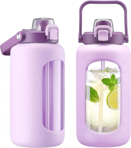 Miniatura 7 de Botella de agua de vidrio de 72 onzas con popote 2 en 1 y tapa de chug, botella de vidrio motivacional grande con marcador de capacidad y funda