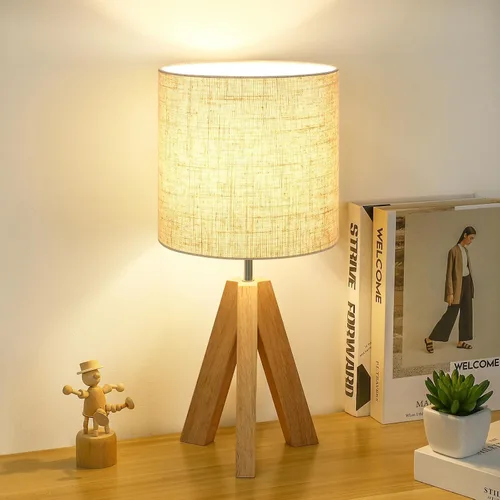 Miniatura 9 de Lámpara de mesa pequeña de madera, lámpara de mesa de trípode de madera con pantalla de tela blanca, linda lámpara de mesa boho minimalista