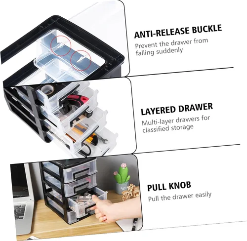 Miniatura 8 de BESPORTBLE Gabinete de almacenamiento de cajones de plástico de 4 capas, organizador negro y transparente para oficina, estudio, sala de estar