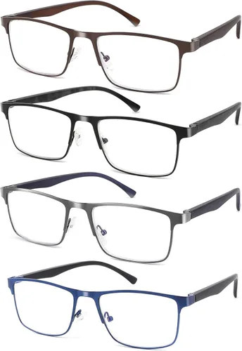 Miniatura 8 de Paquete de 4 lentes de lectura para hombre, bloqueo de luz azul, bisagra de resorte, elegantes lectores de marco completo de metal para hombres