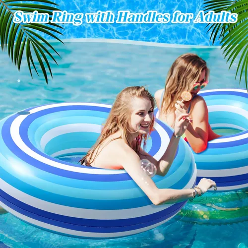 Miniatura 5 de Flotadores inflables gigantes de 50 pulgadas con diseño de rayas azules en forma de dona, flotadores de piscina para adultos, juguetes