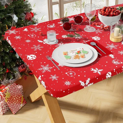 Miniatura 32 de misaya Mantel rectangular de vinilo, mantel ajustable, 100% impermeable, borde elástico, reverso de franela, mantel de plástico para mesas plegables