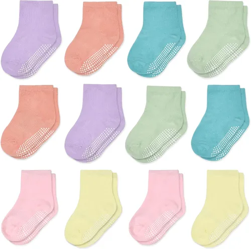 Calcetines antideslizantes para niños, calcetines de corte medio para niños pequeños y niñas (0-7 años), 12 pares de calcetines antideslizantes para