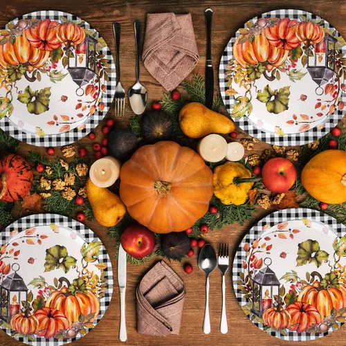 Miniatura 4 de Whaline 40 platos de papel de otoño de 9 pulgadas, platos desechables de acuarela de calabaza a cuadros para granja, Acción de Gracias, boda, fiesta