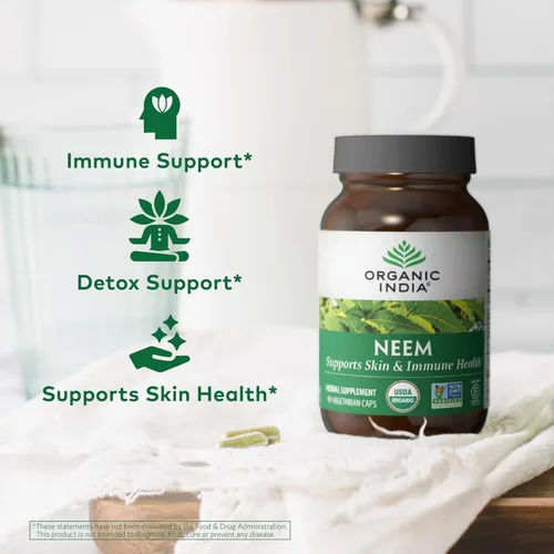Miniatura 4 de Organic India Cápsulas de Hoja de Neem - Suplemento Herbal, Apoya la Salud de la Piel y del Sistema Inmunológico, Vegano, Sin Gluten, Certificado