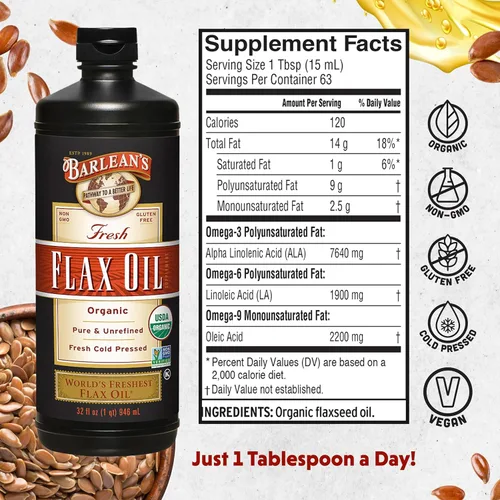 Miniatura 2 de Barlean's Suplemento líquido de aceite de linaza orgánico, prensado en frío, 7,640 mg de ALA Omega-3 por cucharada, vegano y sin gluten, 32 onzas