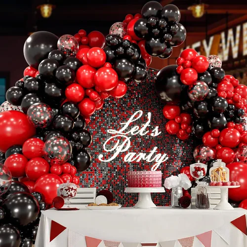 Miniatura 5 de Kit de guirnalda de arco de globos rojos y negros con globos de confeti negro y rojo para graduación, aniversario, San Valentín, Año Nuevo