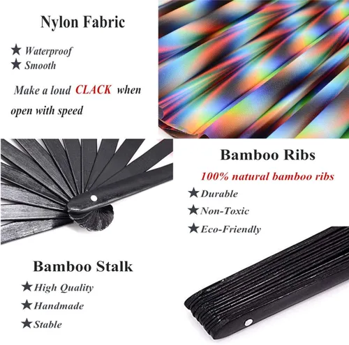 Miniatura 3 de Ventilador de mano plegable grande para mujeres/hombres, chino/japonés con bambú y tela de nailon, ventilador de mano, para actuaciones, Trippy