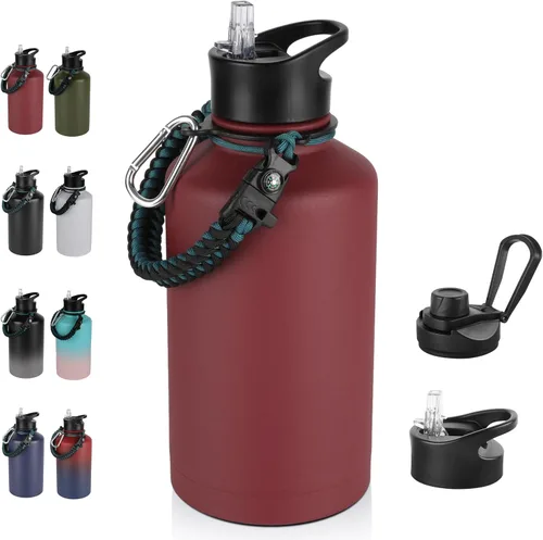 Miniatura 68 de Botella de agua aislada de 64 onzas con tapas de pajita y boquilla, jarra de agua de acero inoxidable de medio galón con mango de paracord, vacío