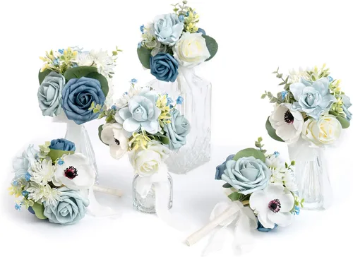 Miniatura 11 de Ling's moment Juego de 6 mini ramos de flores de boda color burdeos y negras para dama de honor, prefabricados, pequeños, florales, granate