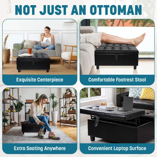 Miniatura 10 de Naomi Home Ciara - Banco otomano tapizado de cuero negro de 35 pulgadas, mesa auxiliar cuadrada grande de almacenamiento, caja de juguetes, taburete