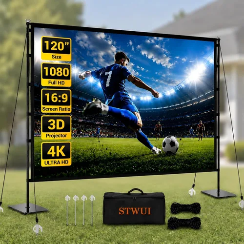 STWUI Pantalla de proyector para exteriores con soporte, pantalla de proyector portátil de 120 pulgadas, pantallas de proyector para interiores y