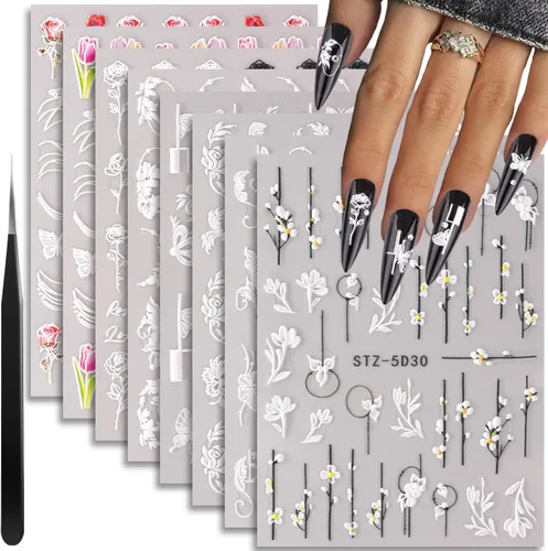 8 hojas de calcomanías de arte de uñas con flores 5D, calcomanías de uñas en relieve con pinzas, pegatinas autoadhesivas, uñas rosas y blancas,
