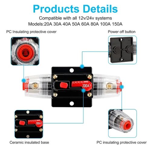 Miniatura 4 de Interruptor de circuito de 100 amperios para audio, portafusibles de 12 V-24 V CC, interruptor de circuito de 20-300 A, interruptor de circuito