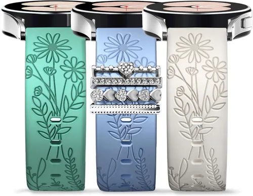 Miniatura 11 de Correas para Samsung Galaxy Watch 7/6/5/4/FE Banda 40mm 44mm con Charms, Correa de Reemplazo de Silicona con Flores Grabadas de 20mm para Mujeres