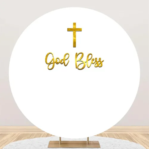Miniatura 8 de Leyiyi Telón de fondo redondo de 3 x 3 pies para fotografía con texto en inglés "God Bless Bautismo" para fotografía, blanco puro, palabras doradas