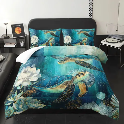 Miniatura 36 de Juego de edredón de 3 piezas con tema de hadas y sirenas, edredón de tamaño individual con escamas de peces marinos, corona de coral, ropa de cama
