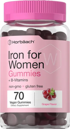 Horbäach Gomitas de hierro para mujer, 70 unidades, sabor a uva, suplemento con vitaminas B, folato y zinc, vegano, sin OMG y sin gluten