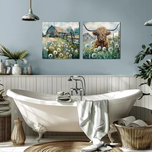Miniatura 7 de YUEYARIT Decoración de pared de vaca de las tierras altas de granja en verde azulado y marrón: imagen rústica de vaca y diente de león, impresión