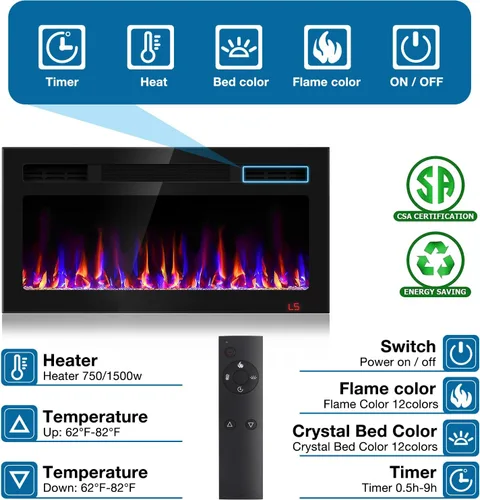 Miniatura 4 de Chimenea eléctrica de 31 pulgadas empotrada y montada en la pared, calentador de chimenea y chimenea lineal, chimenea eléctrica ultrafina, bajo