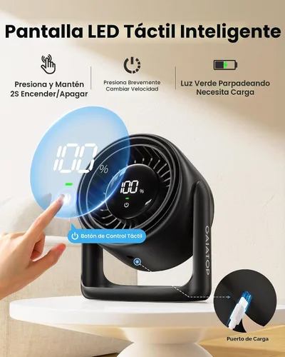 Miniatura 2 de Gaiatop Ventilador de escritorio con control táctil, batería de 4000 mAh, ventilador de dormitorio ultra silencioso de 5 velocidades con pantalla