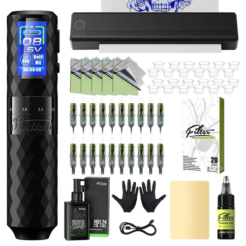 Kit de impresora de tatuajes, máquina de impresión de plantillas de tatuaje con pistola de tatuaje de 6 tiempos de 0.098-0.189 in, fuente de