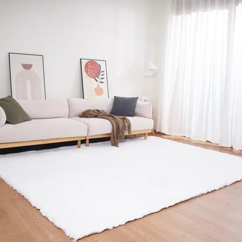 Miniatura 12 de Ghouse Alfombra ultrasuave de pelo sintético de conejo, alfombras lavables a máquina para dormitorio, alfombras esponjosas para sala de estar, Blanco