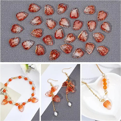 Miniatura 7 de PH PandaHall 100 dijes de hojas de otoño, hojas de árbol de otoño, cuentas de plantas, colgantes de vidrio transparente de dos colores para hacer