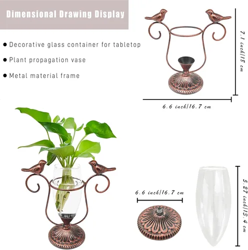 Miniatura 3 de Paquete de 2 Terrarios de Plantas de Escritorio, Jarrón de Vidrio con Arte de Pájaros para Propagación, Macetas de Propagación con Marco de Metal
