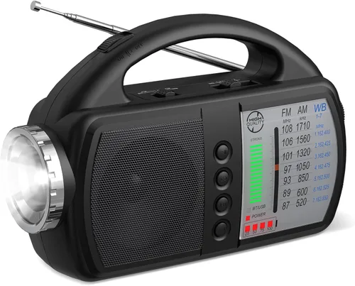 Radio meteorológica AM FM NOAA, radio de emergencia portátil con linterna, Bluetooth 5.0, USB, entrada auxiliar alimentada por batería recargable