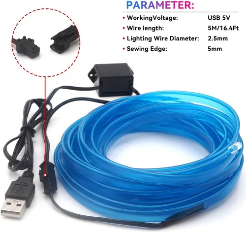 Miniatura 7 de Luces de cable EL para el interior del coche, luz de panel azul neón de 16 pies/5 m, tira de luz LED para coche, USB 5V, decoración