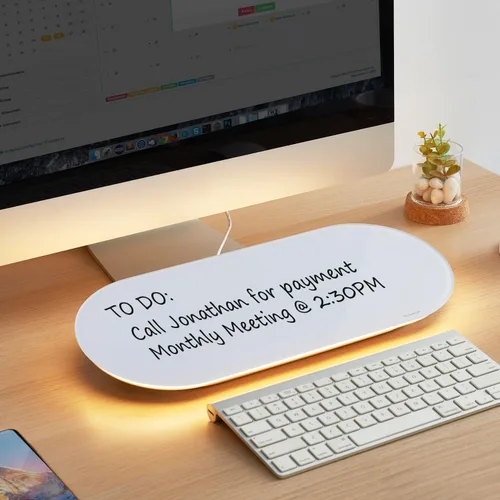 Miniatura 14 de TSJ OFFICE Pizarra blanca de escritorio de cristal, 17 x 7 pulgadas, pequeña pizarra de borrado en seco con luz azul, bloc de notas de superficie
