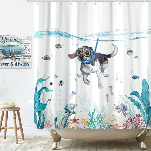 Miniatura 3 de Divertida cortina de ducha para perro, verde azulado, azul, mar, océano, impermeable, cortinas de ducha para baño con animales, pulpo, estrella