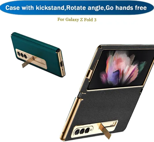 Miniatura 6 de Ninki Funda de cuero para Galaxy Z Fold 3 con función atril, color negro, cuero de lujo con PC a prueba de golpes y soporte de anillo protector