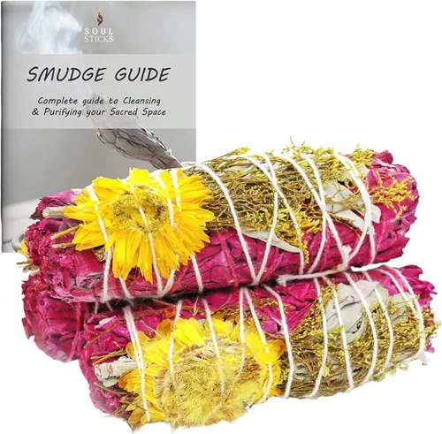 Miniatura 13 de SOUL STICKS Paquete de 3 barras de salvia blanca floral con flores para limpiar el hogar, meditación, yoga, curación y manchas, California de origen