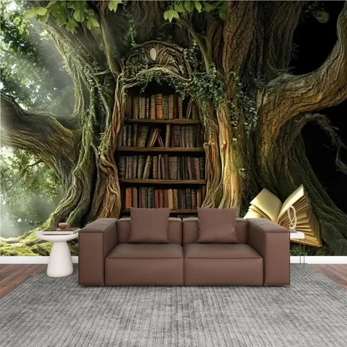 Murales modernos para papel pintado 3D petrificado árbol arroyo ambiente antiguo oculto estantería abierta libro abierto despegar y pegar,