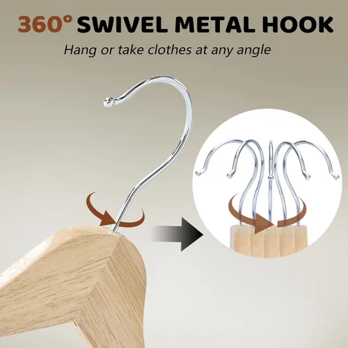 Miniatura 7 de Edergoo Paquete de 20 perchas de madera duraderas con gancho giratorio de 360° y muescas, percha delgada de madera para armario, color natural