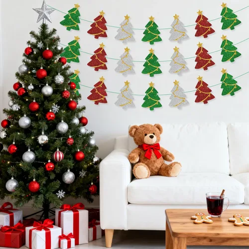 Miniatura 6 de Juego de 3 decoraciones de Navidad preencordadas, guirnalda de pancarta para árbol de Navidad con purpurina para fiesta de invierno, decoración