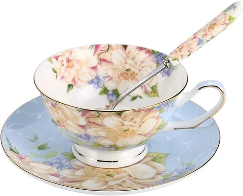Taza de té azul, juego de taza de té floral y platillo, juego de té de porcelana de hueso, taza de café, juego de té para
