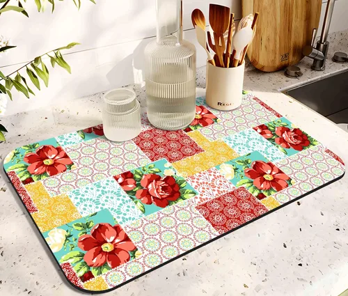 Miniatura 22 de Tapete de secado de platos para encimera de cocina 20x12 pulgadas, tapete de secado rápido de platos lavable, tapete de drenaje absorbente con Limón