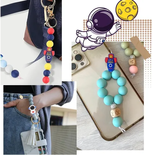 Miniatura 5 de SUNNYCLUE 10 estilos de cuentas focales de silicona lindas 3D astronautas encantos de personajes de silicona a granel de dibujos animados espaciales