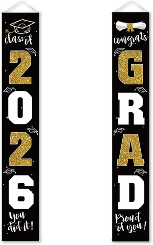 Decoraciones de graduación 2026, cartel de porche negro dorado para clase de 2026, suministros de fiesta de graduados