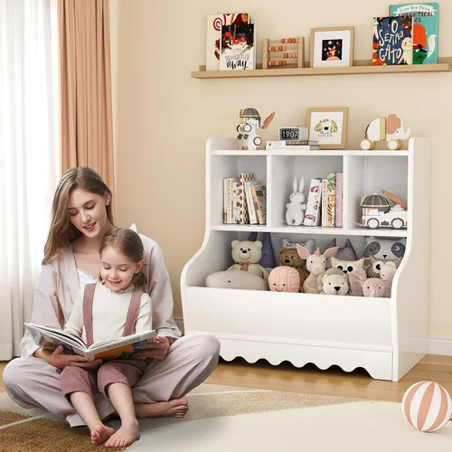 Miniatura 5 de Marcytop Organizador de almacenamiento de juguetes para niños, estante de madera con 4 cubículos para niños, estantería para bebés