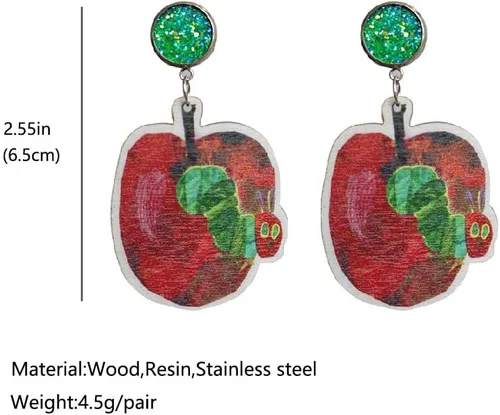 Miniatura 3 de Aretes colgantes de oruga hambrienta de madera para mujeres, adolescentes, niñas, profesores, estudiantes