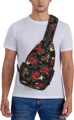Miniatura 7 de Junong Bolso bandolera bandolera para viajes, senderismo, pecho, mochila deportiva para mujeres y hombres, Patrón floral de rosas rojas