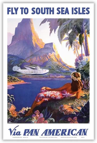 Fly to South Seas Isles via Pan American Airways (PAA) Hawaii - Póster vintage de viaje de aerolínea por Paul George Lawler c.1940s - Impresión
