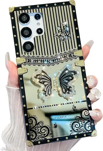 Miniatura 24 de Compatible con Funda Samsung Galaxy S22 Ultra, Diseño de Mariposa Brillante de Lujo con Soporte Plegable Kickstand para Mujeres y Niñas, Funda Rosa